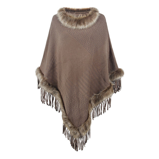 Damen eleganter Poncho mit luxuriösem Kunstfellkragen und dekadenten Fransen R&B