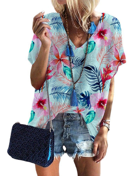 Damen lässige V-Ausschnitt Bluse mit tropischem Print R&B