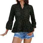Damen Bluse mit Lochmuster und ausgestellten Ärmeln R&B