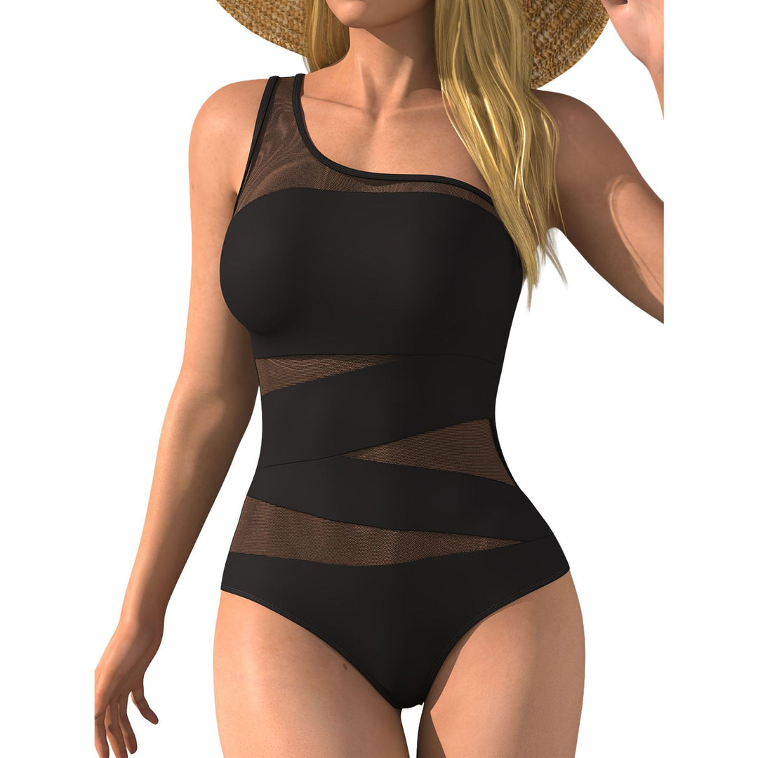Damen Einteiler Badeanzug mit asymmetrischem Design und transparenten Einsätzen R&B