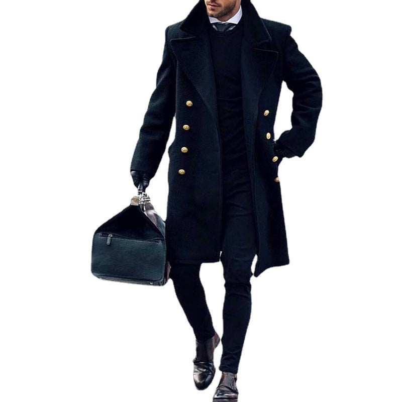 Herren eleganter Doppelreiher-Mantel mit goldenen Knöpfen und tiefem Revers R&B