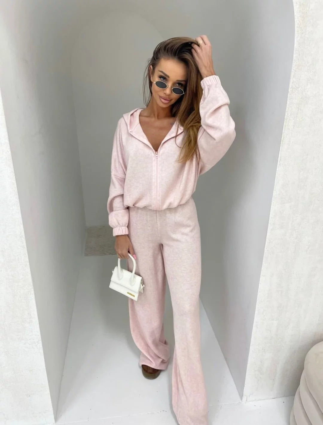 Damen eleganter Fleece-Jumpsuit mit hohem Kragen und durchgehendem Reißverschluss R&B