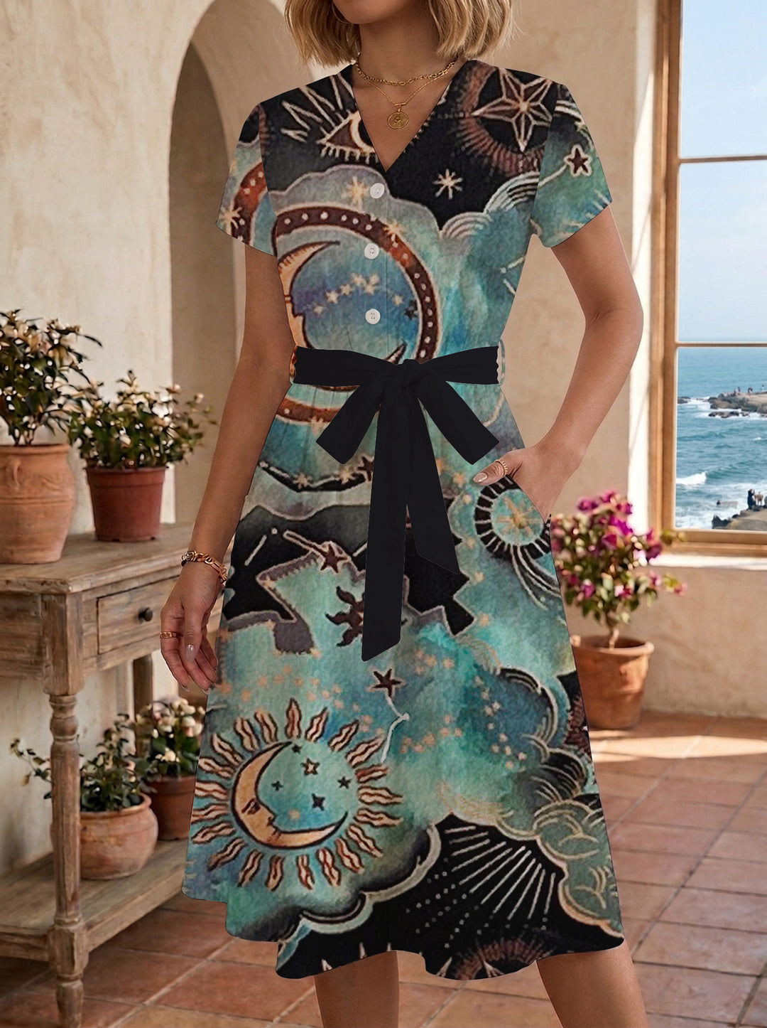 Damen Blühendes Midikleid mit taillierbarem Gürtel und kunstvollem Print R&B