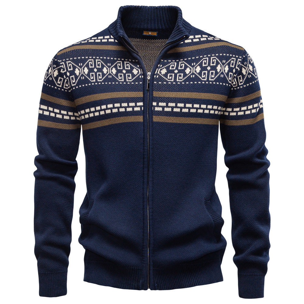 Herren nan Strickjacke mit durchgehendem Reißverschluss, Stehkragen und nordisch-geometrischem Intarsienmuster R&B