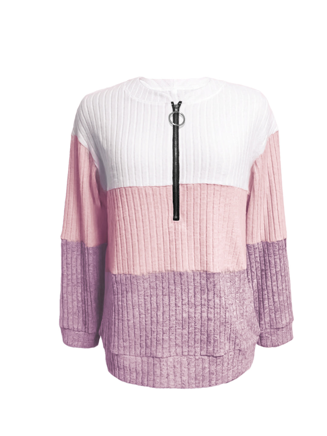 Damen nan gerippter Longpullover mit Ringreißverschluss und Colorblock-Struktur R&B