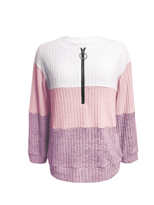 Damen nan gerippter Longpullover mit Ringreißverschluss und Colorblock-Struktur R&B