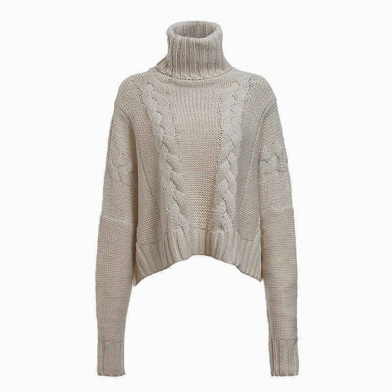 Damen Grobstrickpullover mit hohem Kragen und einzigartigem Zopfdesign R&B