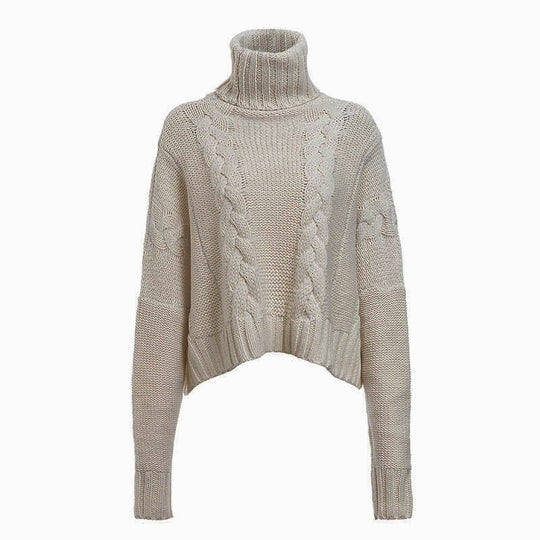 Damen Grobstrickpullover mit hohem Kragen und einzigartigem Zopfdesign R&B