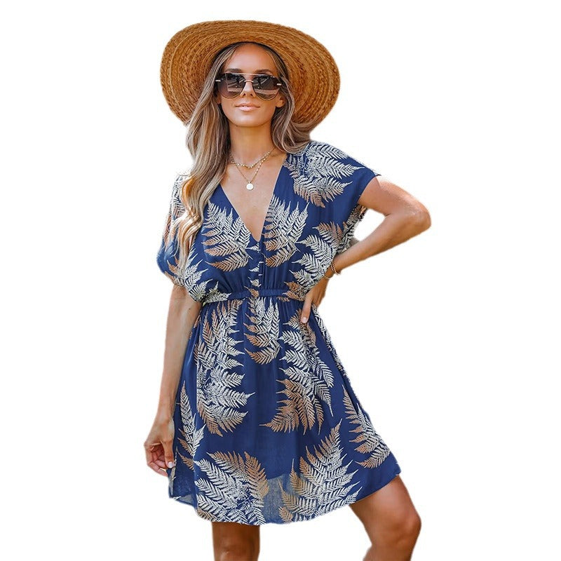 Damen Maxikleid mit botanischem Muster und tiefem V-Ausschnitt R&B