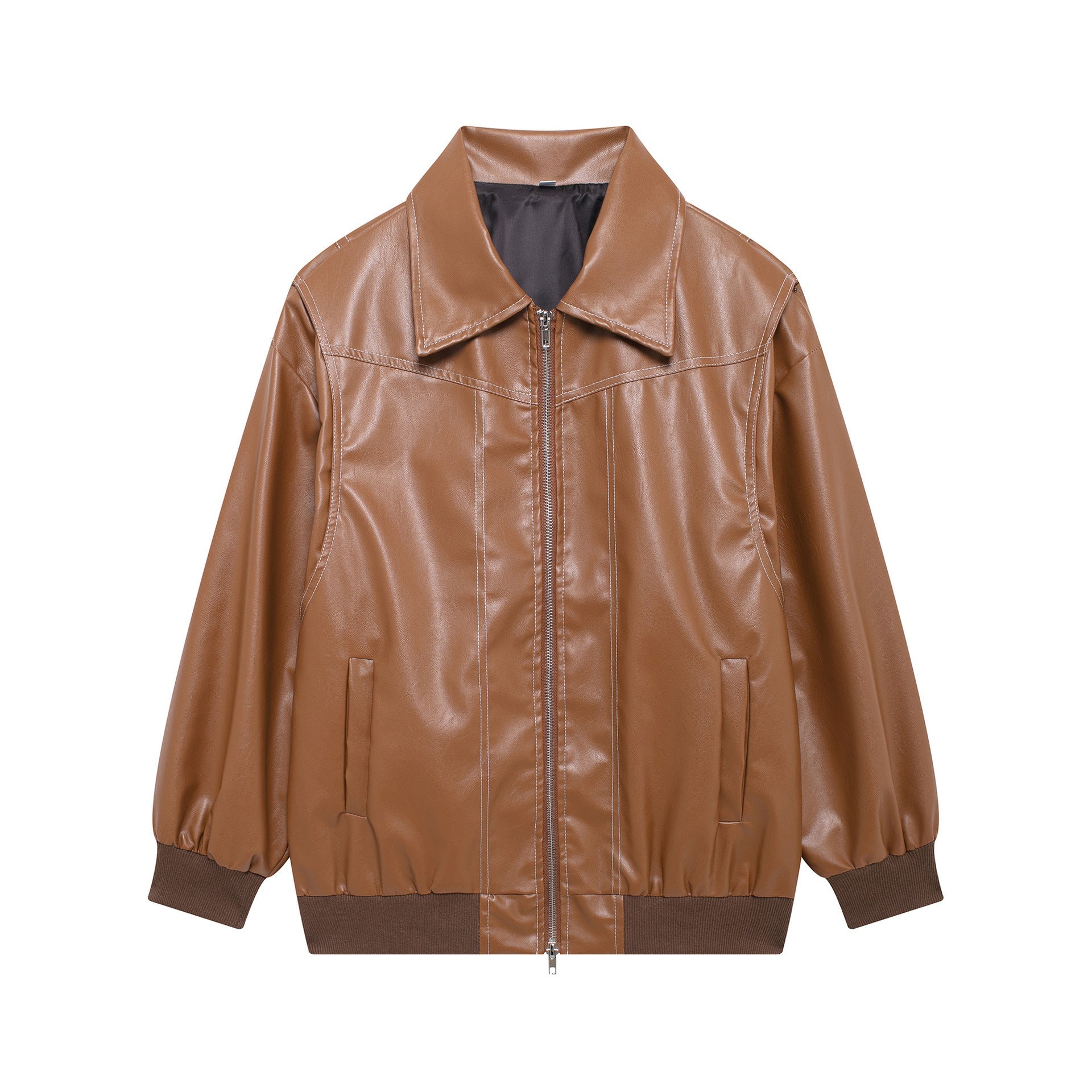 Damen Kunstlederjacke mit elastischen Bündchen und hochschließendem Kragen R&B