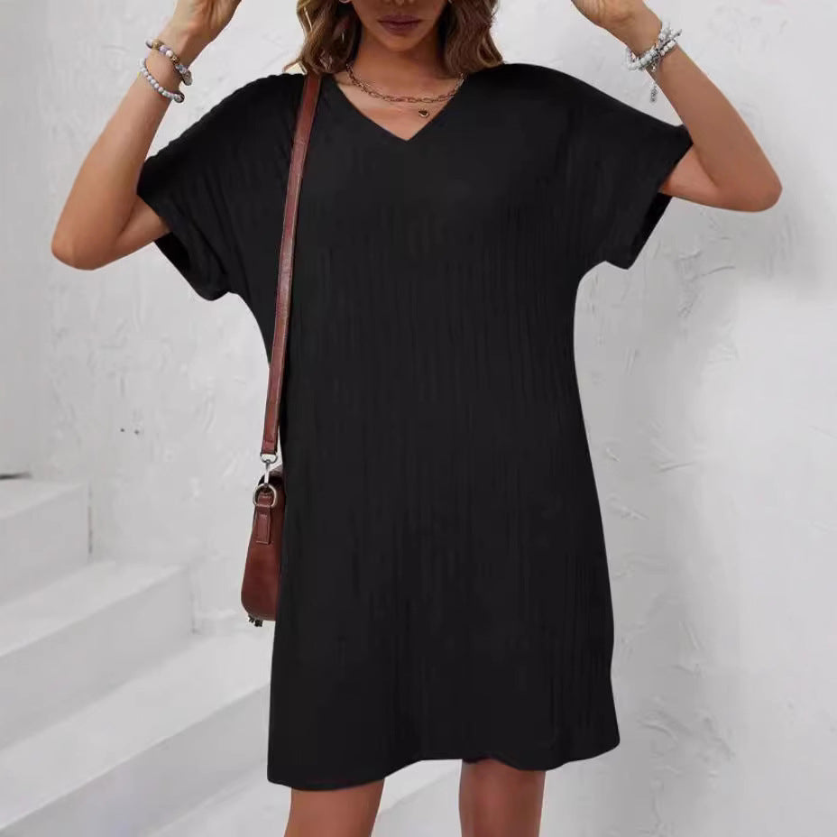 Damen lässiges Freizeitkleid mit V-Ausschnitt und feiner Rippstruktur R&B