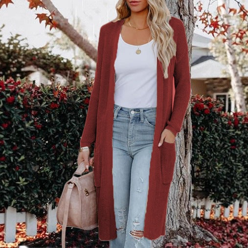 Damen Langer Strickcardigan mit elegantem offenes Design und praktischen Taschen R&B