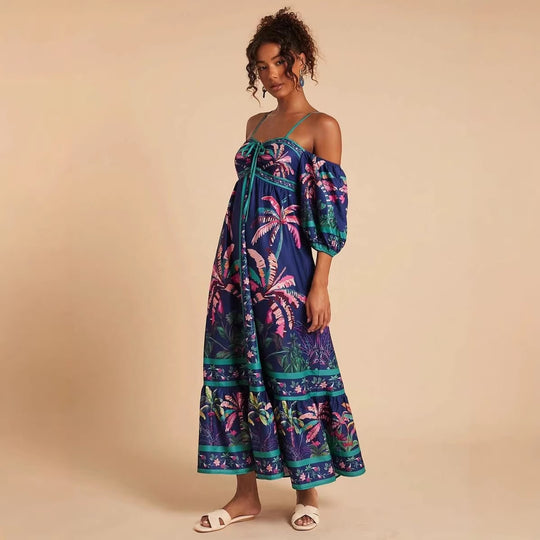 Damen Maxikleid mit schulterfreiem Design und tropischem Druck R&B