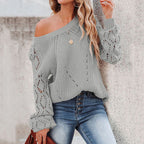 Damen Strickpullover mit romantischem Häkelmuster und voluminösen Ärmeln R&B