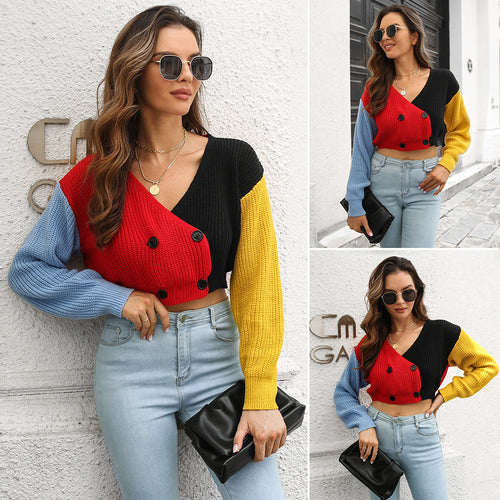 Damen cropped Strickjacke mit modischem Farbblock-Design R&B