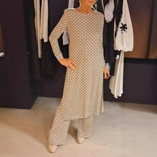 Damen nan Pünktchen-Lounge-Ensemble mit langer A-Linien-Tunika, mittigem Frontschlitz und weiter Palazzohose R&B