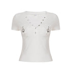 Damen Kurzarm Shirt mit dekorativem V-Ausschnitt und praktischem Taschen-Design R&B