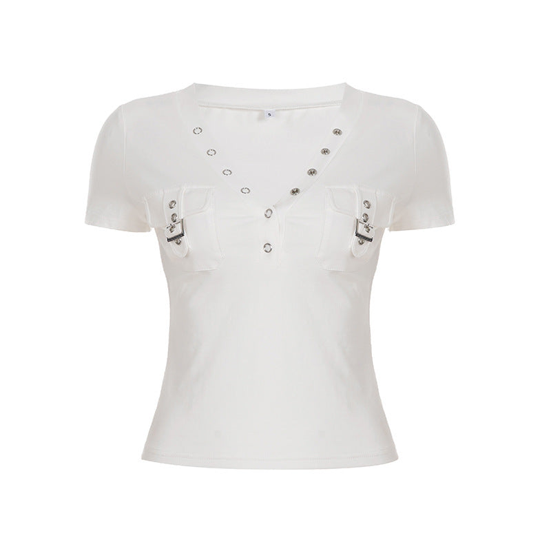 Damen Kurzarm Shirt mit dekorativem V-Ausschnitt und praktischem Taschen-Design R&B
