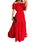 Damen Maxikleid mit Schulterfreiem Design und Voluminösen Rüschen R&B