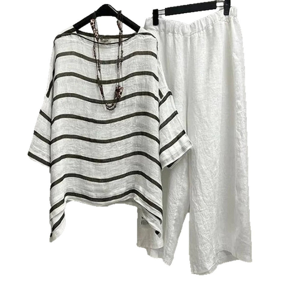 Damen nan lässiges Leinen-Set mit asymmetrischer Streifenbluse und weiter Elastikbund-Hose R&B