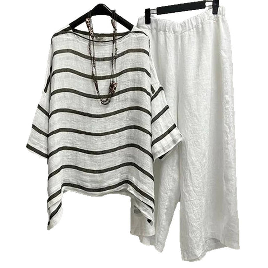Damen nan lässiges Leinen-Set mit asymmetrischer Streifenbluse und weiter Elastikbund-Hose R&B