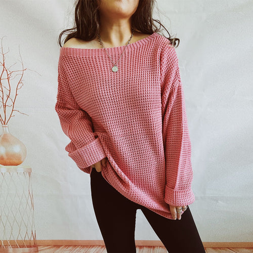 Damen lässiger Strickpullover mit weitem Schnitt und offenem Rückendesign R&B