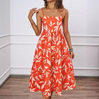 Damen Midi Kleid mit fließendem Rock und verspieltem Blattmuster R&B