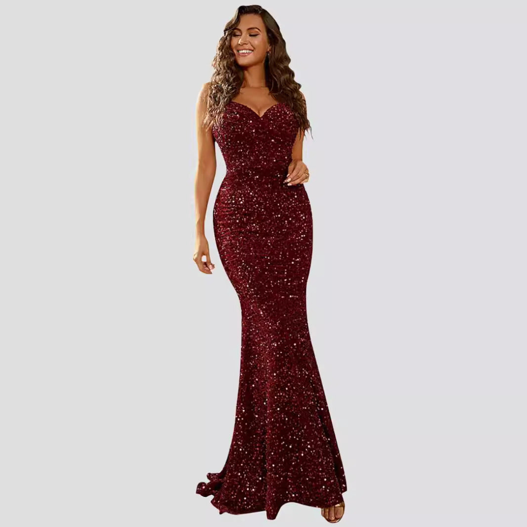 Damen Figurbetontes Glitzer-Abendkleid mit herzförmigem Ausschnitt und schwingendem Rock EB