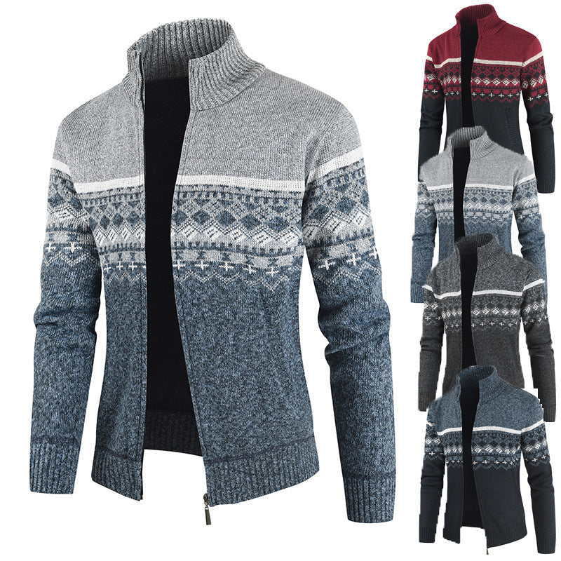 Herren Strickjacke mit Wintermuster und hohem Stehkragen R&B