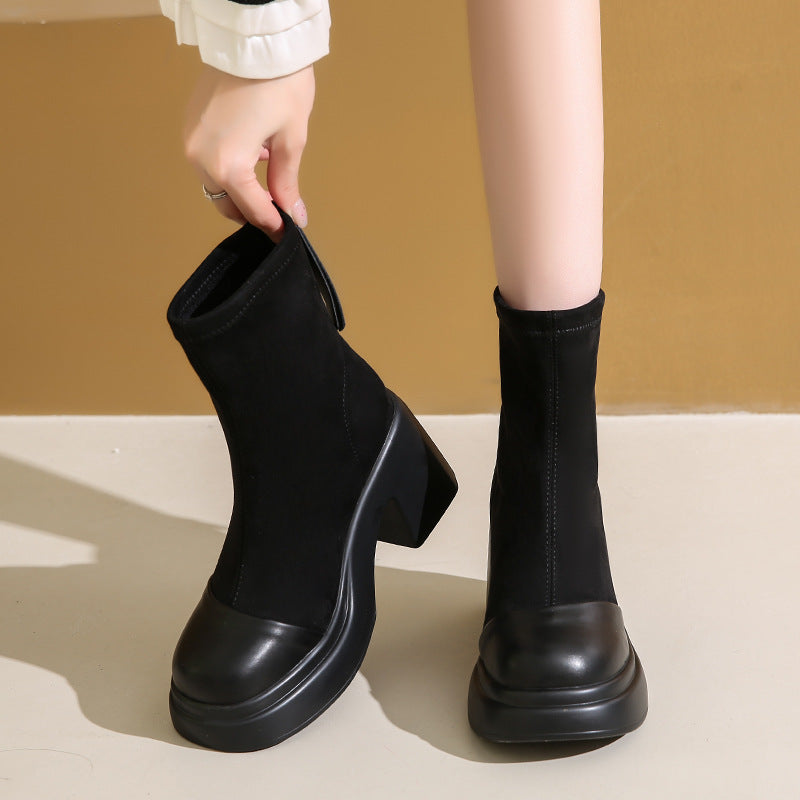 Damen Hochfront Stiefeletten mit modischem Blockabsatz und elastischem Material R&B