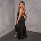 Damen Maxikleid mit asymmetrischer Rüsche und Spaghetti-Trägern R&B