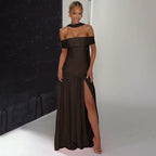 Damen Maxikleid mit schulterfreiem Design und seitlichem Schlitz R&B