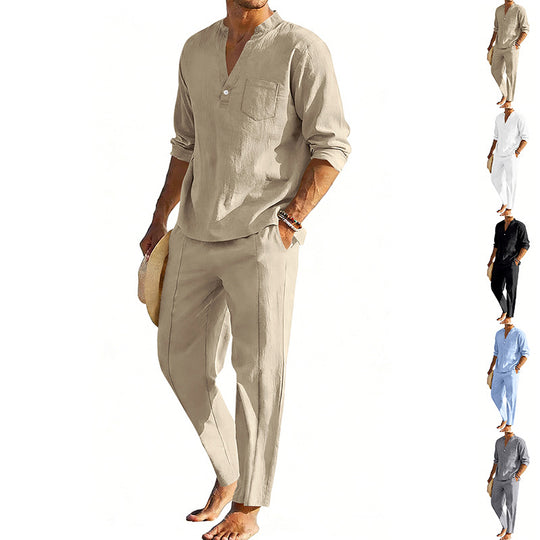 Herren nan komfortables Leinen-Zweiteiler mit Stehkragenhemd und konisch zulaufender knöchellanger Hose R&B