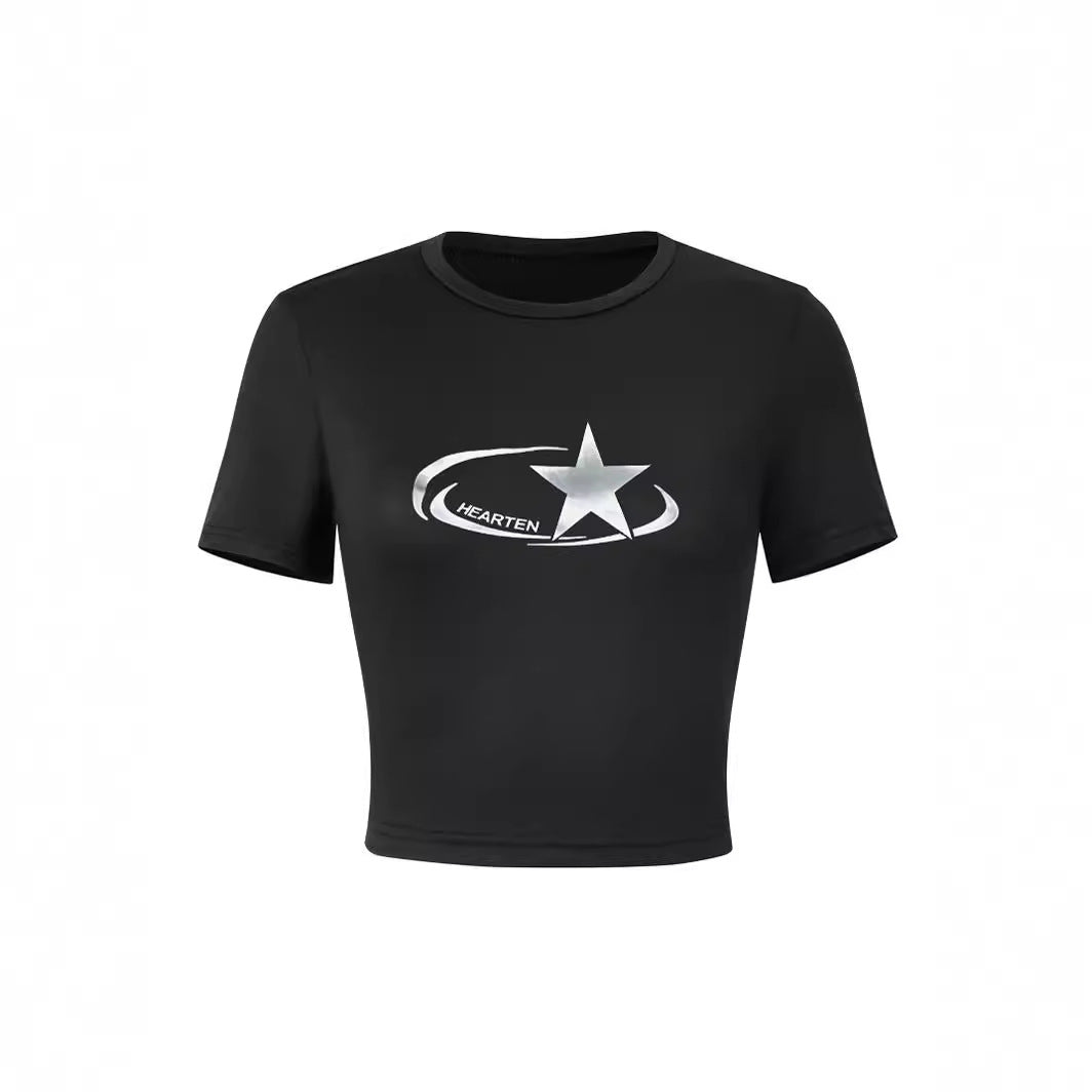 Damen Crop-T-Shirt mit glänzendem Sternmotiv und figurbetontem Schnitt R&B
