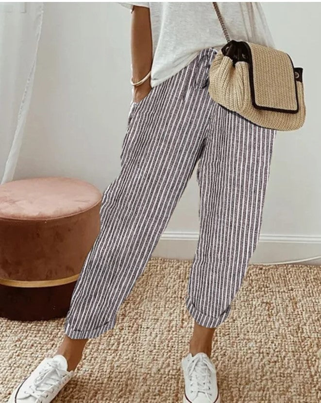 Damen lässige Streifenhose mit elastischem Bund und praktischen Eingrifftaschen R&B