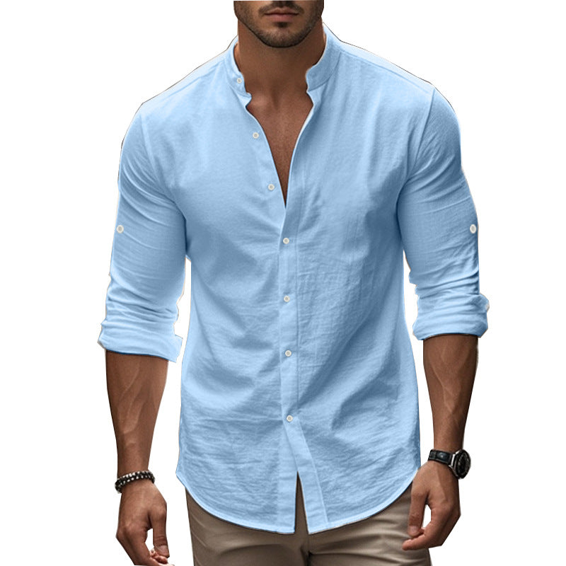 Herren Langarm-Hemd mit modernem Henley-Kragen und kontrastierenden Knopfdetails R&B