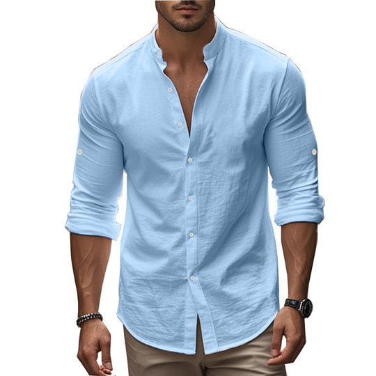 Herren Langarm-Hemd mit modernem Henley-Kragen und kontrastierenden Knopfdetails R&B