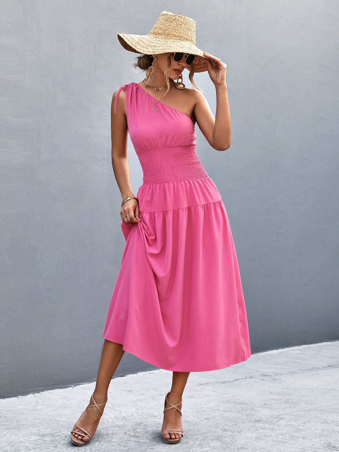 Damen Midikleid mit schnörkellosem Ein-Schulter-Design und elastischem Taillenband R&B