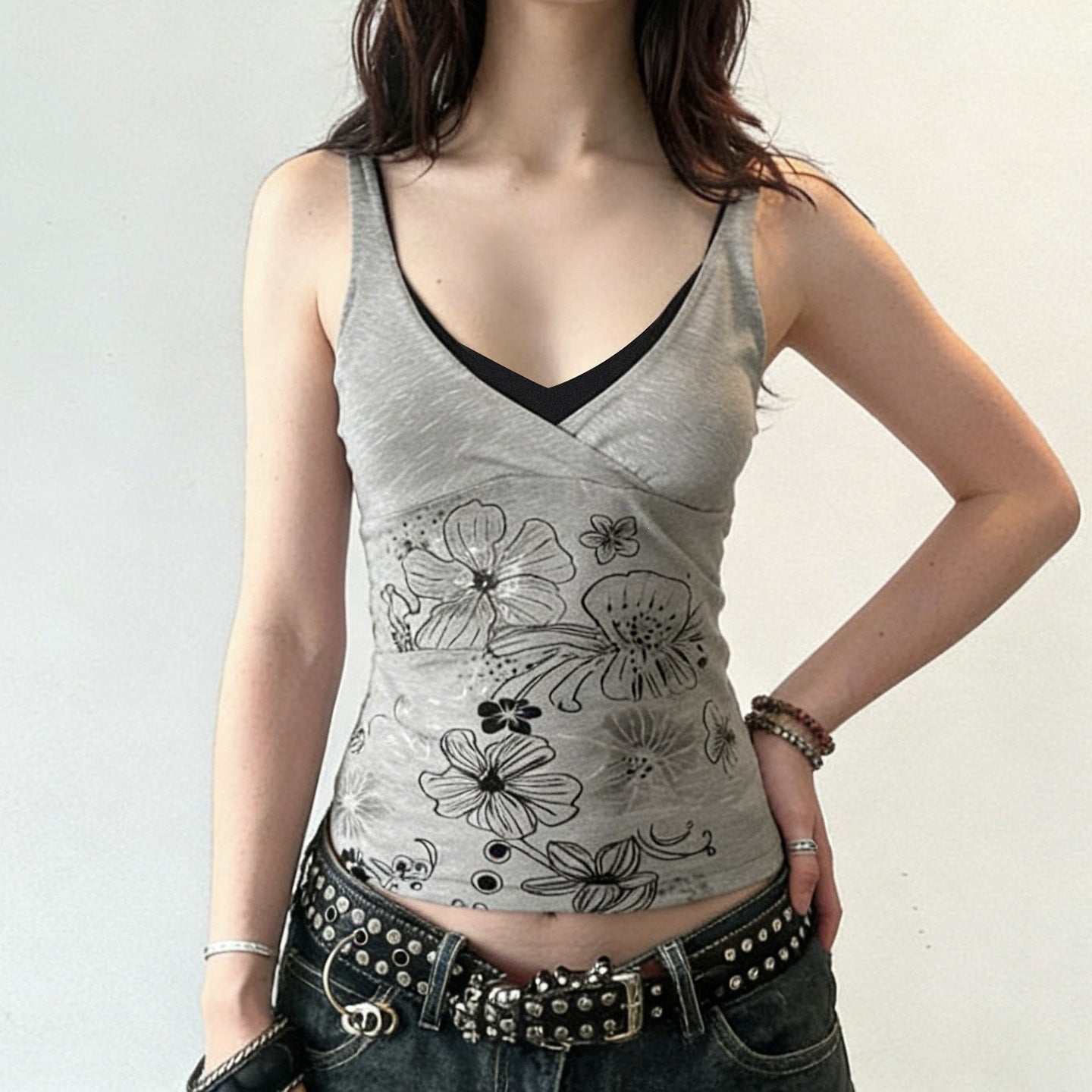 Damen Crop-Top mit floralem Design und Spaghetti-Trägern R&B