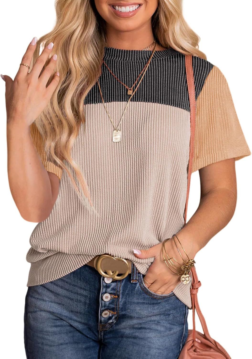 Damen modisches Rippoberteil mit kontrastierenden Farbblockdetails R&B