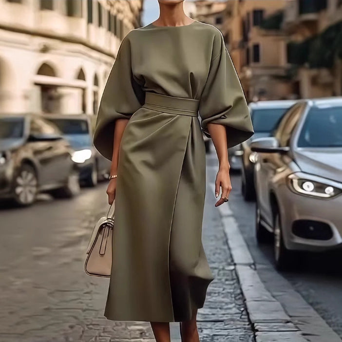 Damen Maxikleid mit eleganten Puffärmeln und Taillengürtel R&B