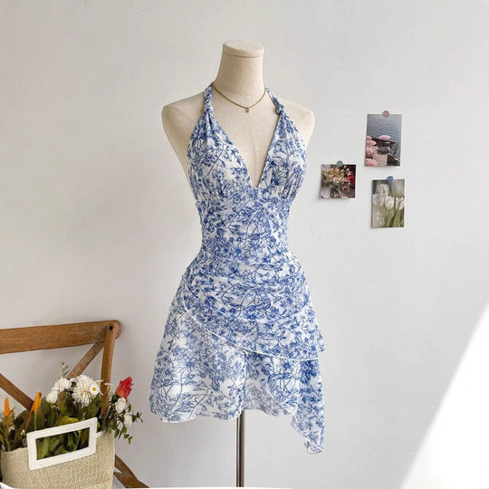 Damen luftiges Wickelkleid mit floralem Design und trägerlosem Schnitt R&B