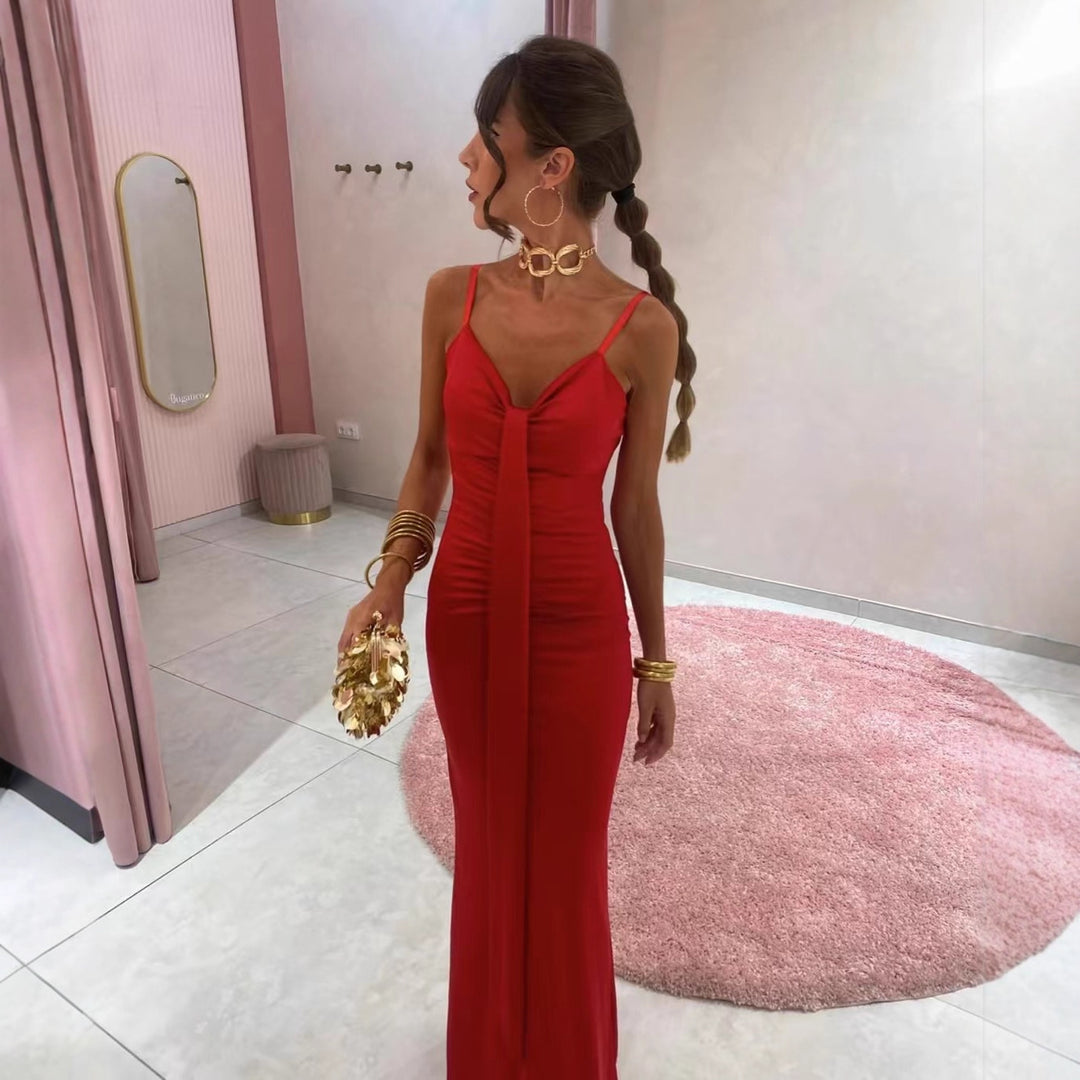 Damen figurbetontes langes Kleid mit elegantem Wickeldesign R&B
