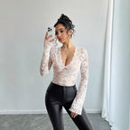 Damen nan tailliertes Spitzenshirt mit tiefem V-Ausschnitt, floraler Netzspitze und langen Ärmeln R&B