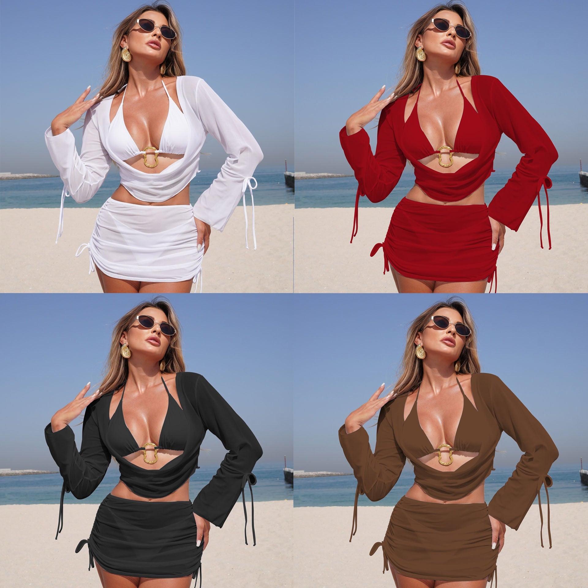 Damen Bikini-Set mit lässiger Strickjacke und verstellbaren Trägern R&B