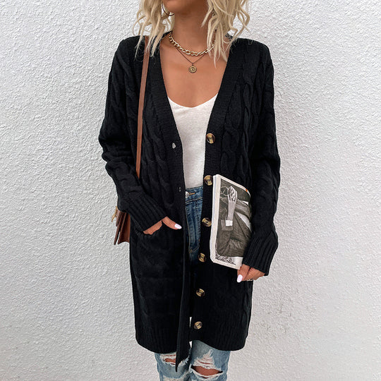 Damen Strickjacke mit tiefem V-Ausschnitt und elegantem Zopfmuster R&B