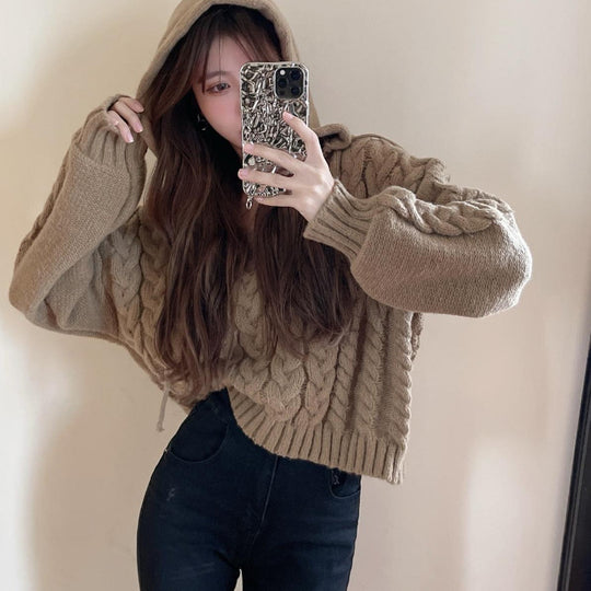 Damen Zopfmuster Pullover mit Kapuze und V-Ausschnitt R&B