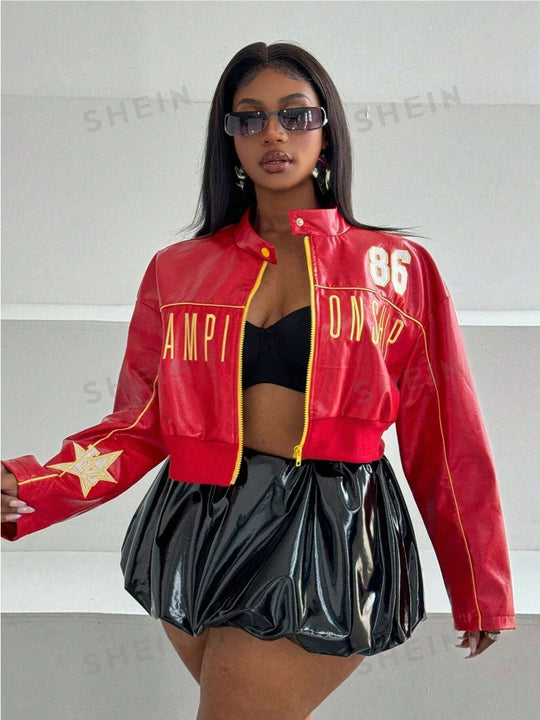 Damen cropped Kunstlederjacke mit sportiven Details R&B