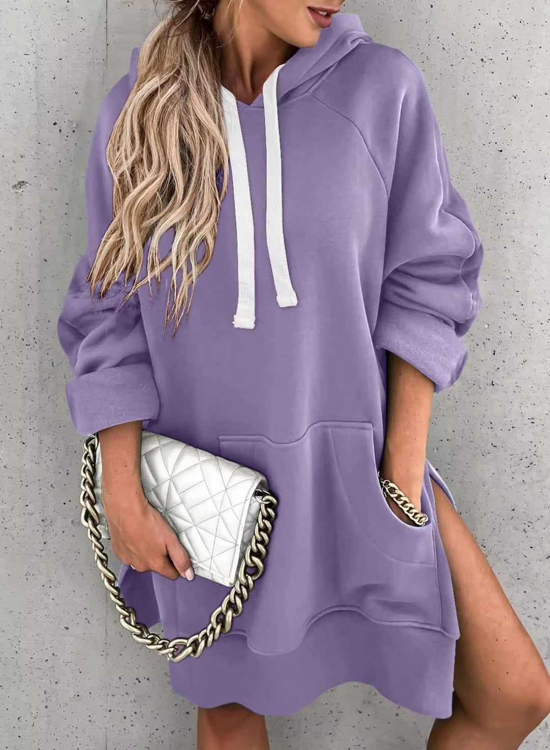 Damen lässiges Kapuzenkleid mit praktischen Eingrifftaschen und seitlichen Schlitzen R&B