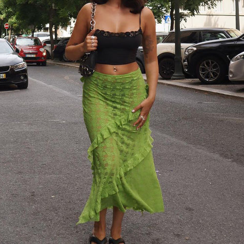 Damen Lange Spitzenrock mit asymmetrischem Rüschenverlauf und eleganter Blumenspitze R&B